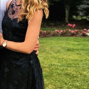 Knee-length navy embroidered dress